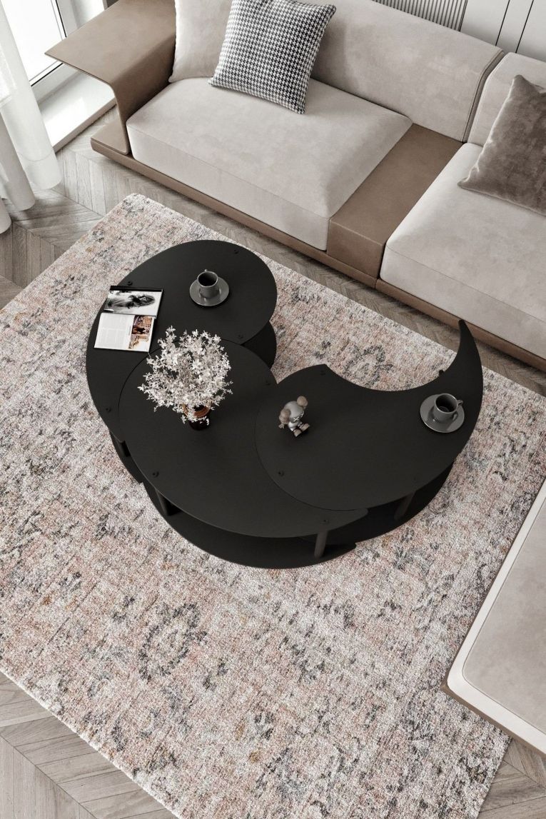 Tavolino da Salotto Nero set 3 Pezzi 3 Vani 70x70x38h cm, Forma Rotondo - Gignese