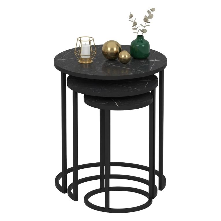 Tavolino da Salotto Nero set 3 Pezzi Forma Rotondo 50x50x58h cm, Materiale Piano in Legno Nobilitato - Daiano