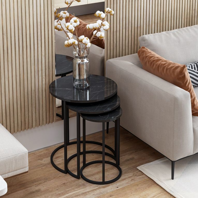 Tavolino da Salotto Nero set 3 Pezzi Forma Rotondo 50x50x58h cm, Materiale Piano in Legno Nobilitato - Daiano