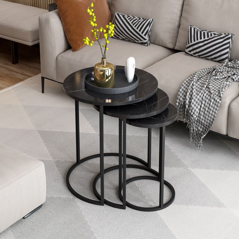 Tavolino da Salotto Nero set 3 Pezzi Forma Rotondo 50x50x58h cm, Materiale Piano in Legno Nobilitato - Daiano