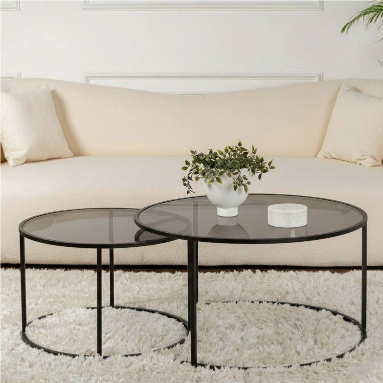 Tavolino da Salotto Nero set di 2 Tavolini Forma Circolare 80x80x43h cm, Sfumatura Colore Ripiano Fume - Aedion