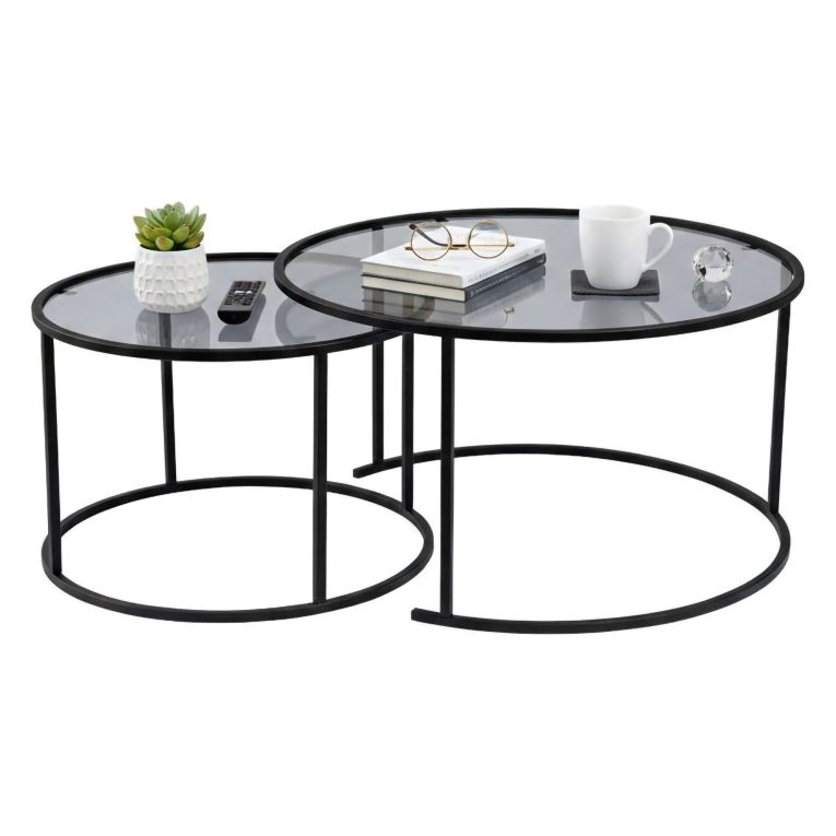 Tavolino da Salotto Nero set di 2 Tavolini Forma Circolare 80x80x43h cm, Sfumatura Colore Ripiano Fume - Aedion