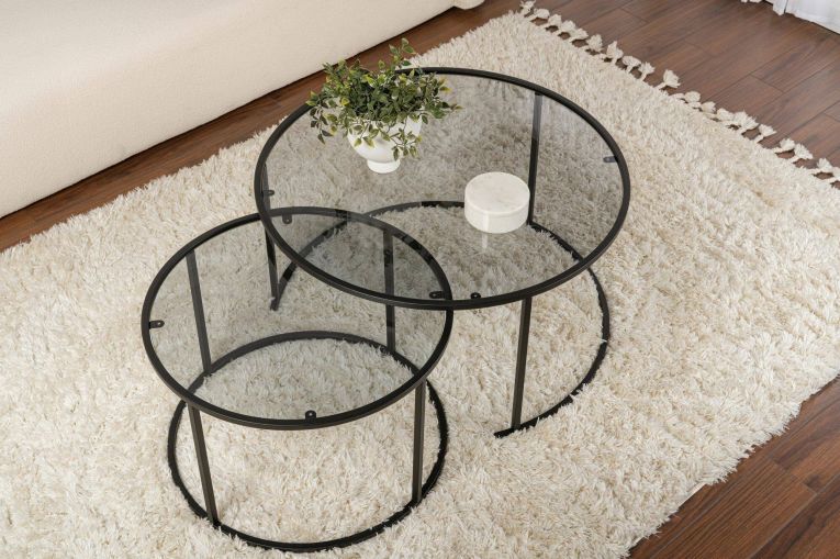 Tavolino da Salotto Nero set di 2 Tavolini Forma Circolare 80x80x43h cm, Sfumatura Colore Ripiano Fume - Aedion