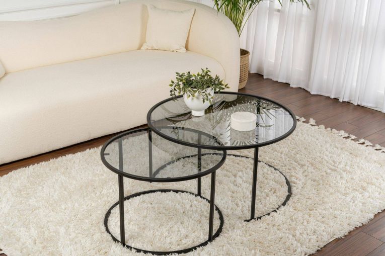Tavolino da Salotto Nero set di 2 Tavolini Forma Circolare 80x80x43h cm, Sfumatura Colore Ripiano Fume - Aedion