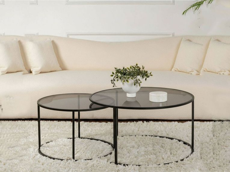 Tavolino da Salotto Nero set di 2 Tavolini Forma Circolare 80x80x43h cm, Sfumatura Colore Ripiano Fume - Aedion