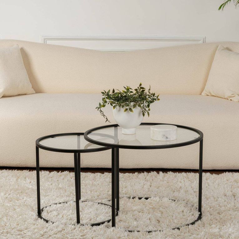 Tavolino da Salotto Nero set di 2 Tavolini Forma Rotondo 60x60x43h cm, Materiale Piano in Vetro - Xaden