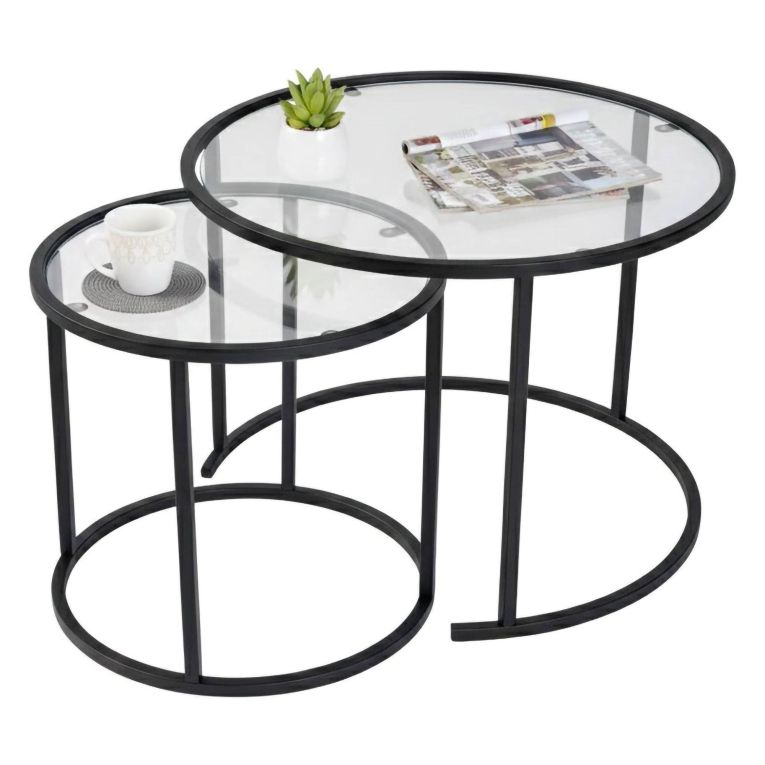 Tavolino da Salotto Nero set di 2 Tavolini Forma Rotondo 60x60x43h cm, Materiale Piano in Vetro - Xaden