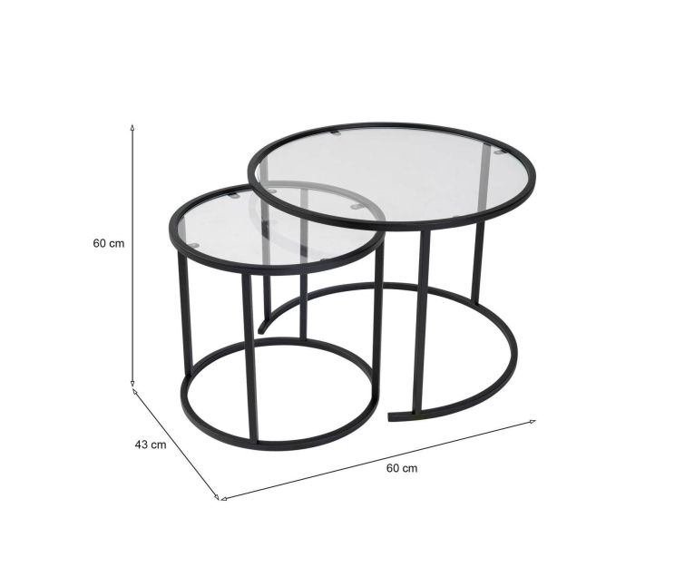 Tavolino da Salotto Nero set di 2 Tavolini Forma Rotondo 60x60x43h cm, Materiale Piano in Vetro - Xaden