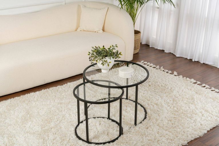 Tavolino da Salotto Nero set di 2 Tavolini Forma Rotondo 60x60x43h cm, Materiale Piano in Vetro - Xaden