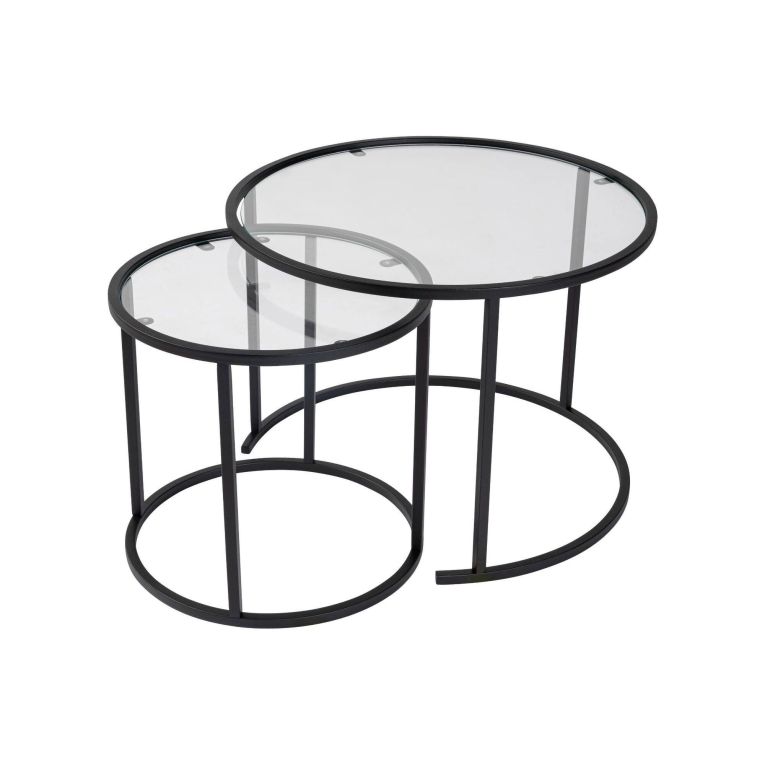 Tavolino da Salotto Nero set di 2 Tavolini Forma Rotondo 60x60x43h cm, Materiale Piano in Vetro - Xaden