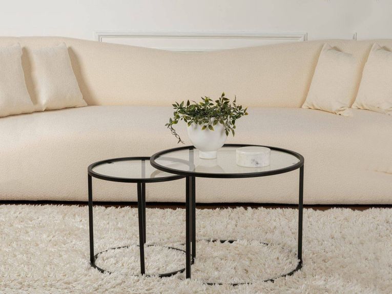 Tavolino da Salotto Nero set di 2 Tavolini Forma Rotondo 60x60x43h cm, Materiale Piano in Vetro - Xaden