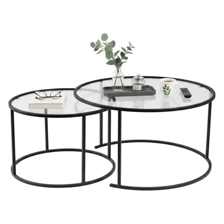 Tavolino da Salotto Nero set di 2 Tavolini Peso Massimo Supportato 10 kg Forma Rotonda 80x80x43h cm, Materiale Piano in Vetro - Aedion