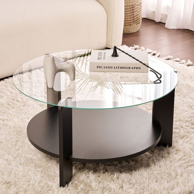 Tavolino da Salotto Nero Trasparente Forma Rotondo Colore Ripiano Trasparente 75x75x40h cm, Materiale Struttura in Vetro - Canevino