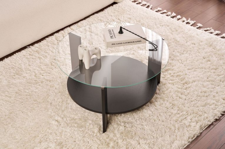 Tavolino da Salotto Nero Trasparente Forma Rotondo Colore Ripiano Trasparente 75x75x40h cm, Materiale Struttura in Vetro - Canevino
