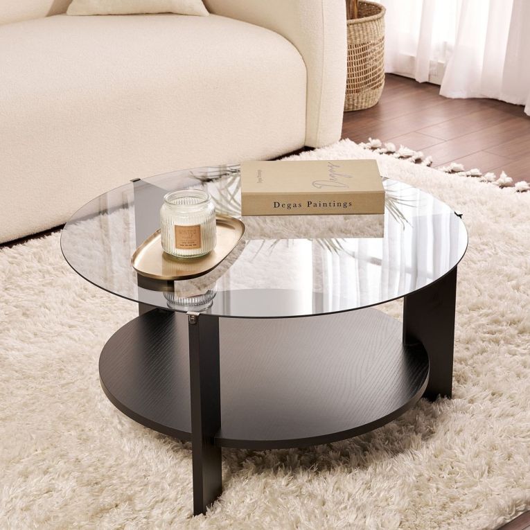 Tavolino da Salotto Nero Trasparente Fume Forma Rotondo Colore Ripiano Trasparente 75x75x40h cm, Materiale Struttura in Vetro - Canevino