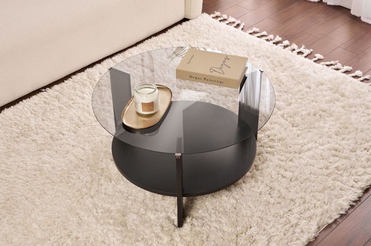 Tavolino da Salotto Nero Trasparente Fume Forma Rotondo Colore Ripiano Trasparente 75x75x40h cm, Materiale Struttura in Vetro - Canevino