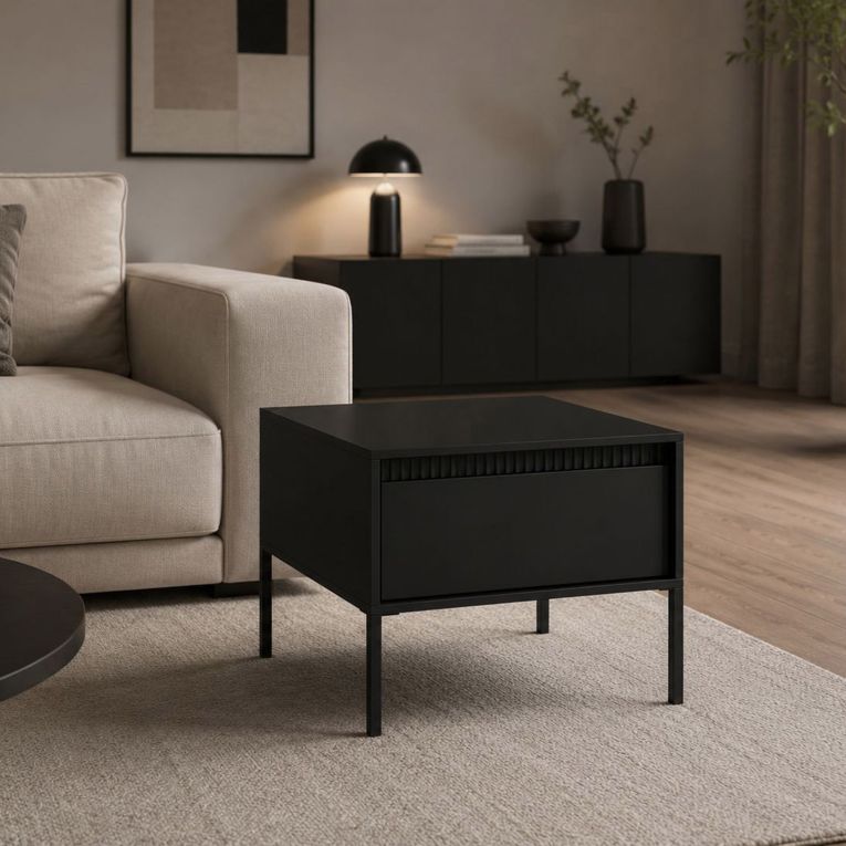 Tavolino da Salotto Nero un Cassetto con Piedini 68x48x68h cm, un Vano - Kasinela