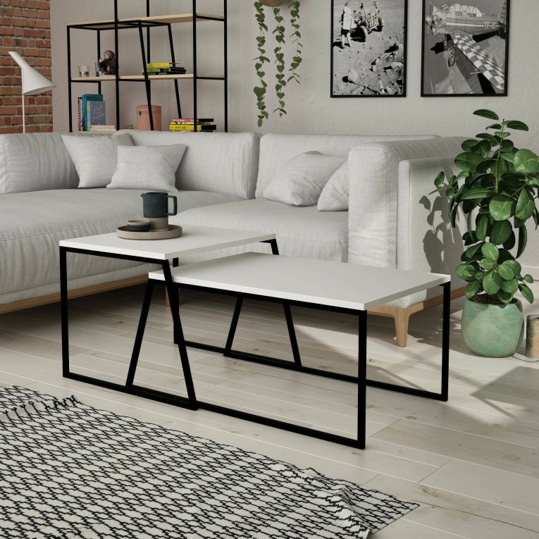 Tavolino da salotto Nestor, Tavolo basso da caffè, Portariviste per divano, Ripiano da soggiorno, 88x50 h38 cm, Bianco e Nero