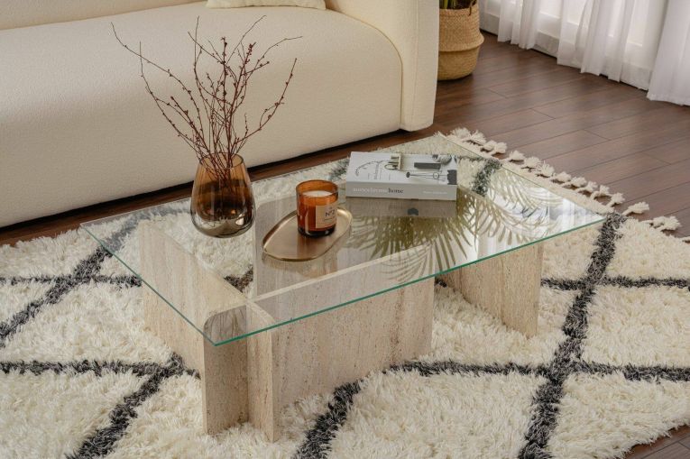 Tavolino da salotto Nuragus, Tavolo basso da caffè, Portariviste per divano, Ripiano da soggiorno, 105x65 h30 cm, Beige e Marmo