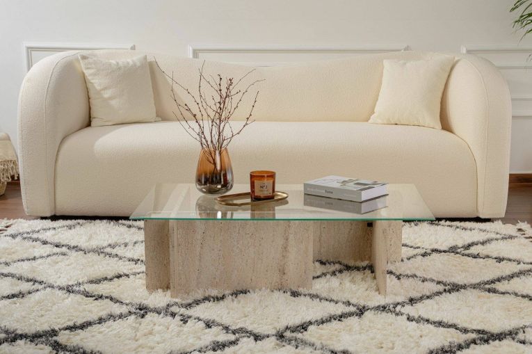 Tavolino da salotto Nuragus, Tavolo basso da caffè, Portariviste per divano, Ripiano da soggiorno, 105x65 h30 cm, Beige e Marmo