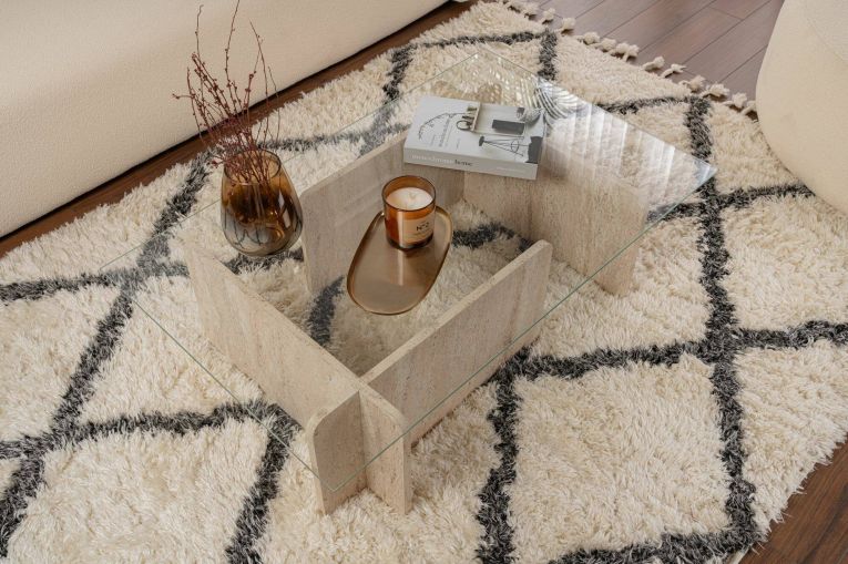 Tavolino da salotto Nuragus, Tavolo basso da caffè, Portariviste per divano, Ripiano da soggiorno, 105x65 h30 cm, Beige e Marmo