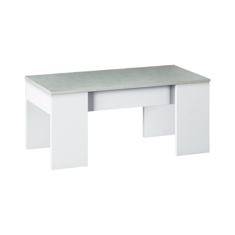 Tavolino da salotto Oceanside, Tavolino da caffè con piano elevabile, Tavolo basso da soggiorno, 100x50h45-56 cm, Bianco e cemento