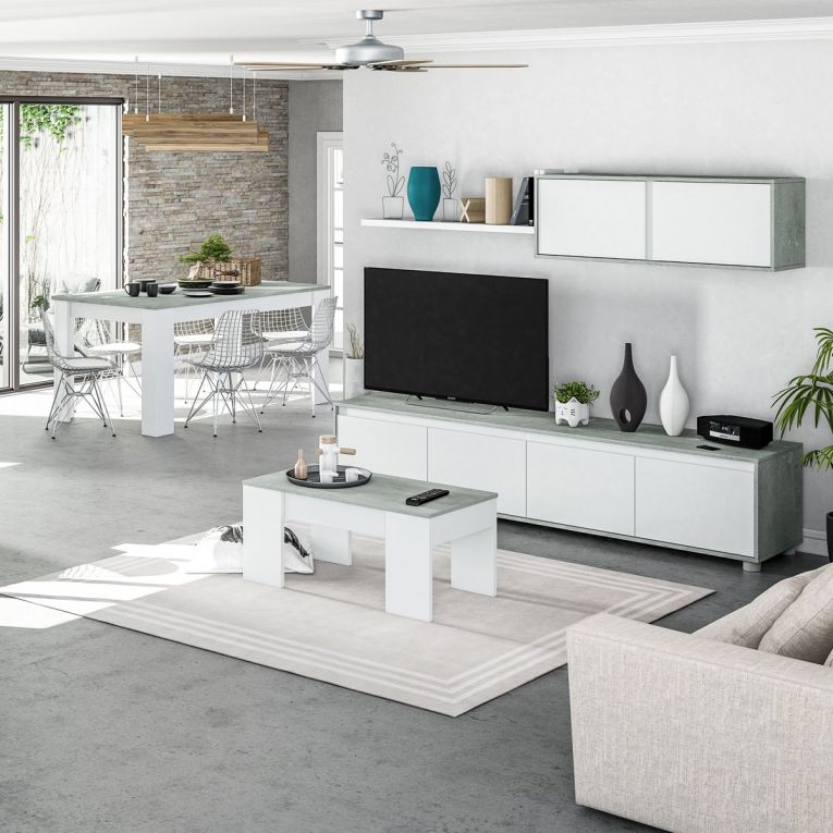 Tavolino da salotto Oceanside, Tavolino da caffè con piano elevabile, Tavolo basso da soggiorno, 100x50h45-56 cm, Bianco e cemento