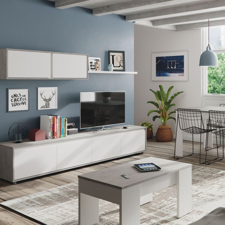 Tavolino da salotto Oceanside, Tavolino da caffè con piano elevabile, Tavolo basso da soggiorno, 100x50h45-56 cm, Bianco e cemento