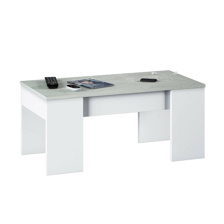 Tavolino da salotto Oceanside, Tavolino da caffè con piano elevabile, Tavolo basso da soggiorno, 100x50h45-56 cm, Bianco e cemento
