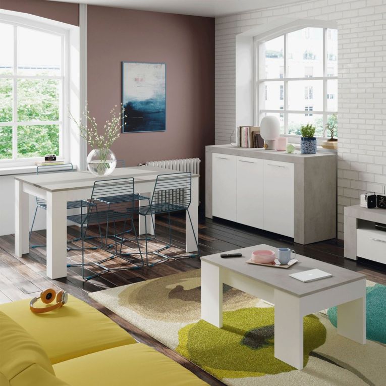 Tavolino da salotto Oceanside, Tavolino da caffè con piano elevabile, Tavolo basso da soggiorno, 100x50h45-56 cm, Bianco e cemento
