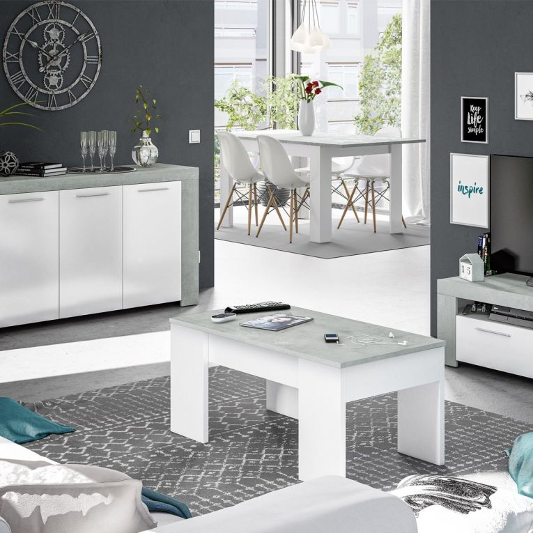 Tavolino da salotto Oceanside, Tavolino da caffè con piano elevabile, Tavolo basso da soggiorno, 100x50h45-56 cm, Bianco e cemento
