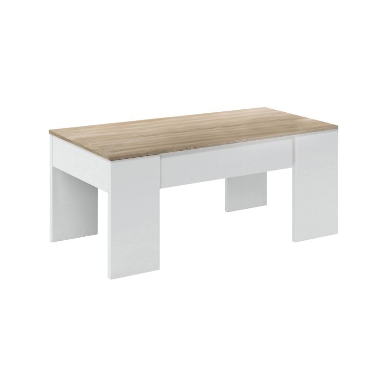 Tavolino da salotto Oceanside, Tavolino da caffè con piano elevabile, Tavolo basso da soggiorno, 100x50h45-56 cm, Bianco e Rovere