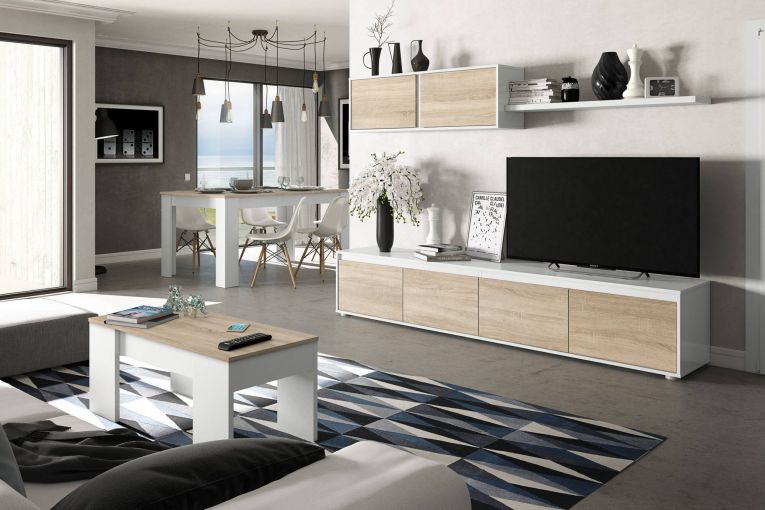 Tavolino da salotto Oceanside, Tavolino da caffè con piano elevabile, Tavolo basso da soggiorno, 100x50h45-56 cm, Bianco e Rovere