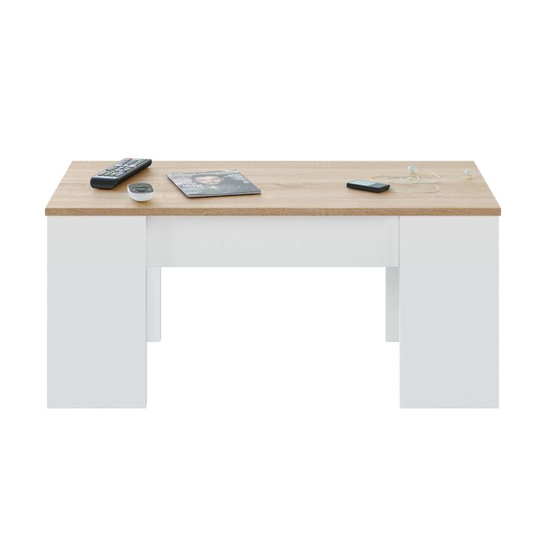 Tavolino da salotto Oceanside, Tavolino da caffè con piano elevabile, Tavolo basso da soggiorno, 100x50h45-56 cm, Bianco e Rovere