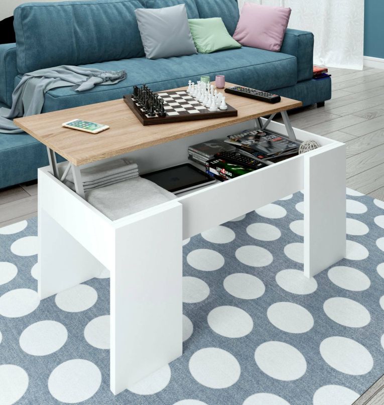 Tavolino da salotto Oceanside, Tavolino da caffè con piano elevabile, Tavolo basso da soggiorno, 100x50h45-56 cm, Bianco e Rovere