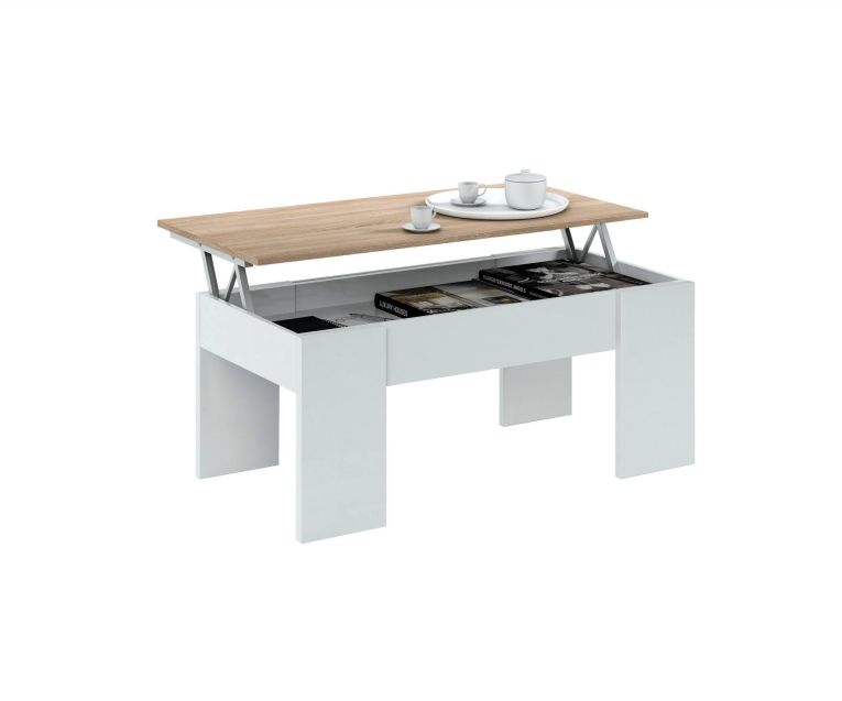 Tavolino da salotto Oceanside, Tavolino da caffè con piano elevabile, Tavolo basso da soggiorno, 100x50h45-56 cm, Bianco e Rovere