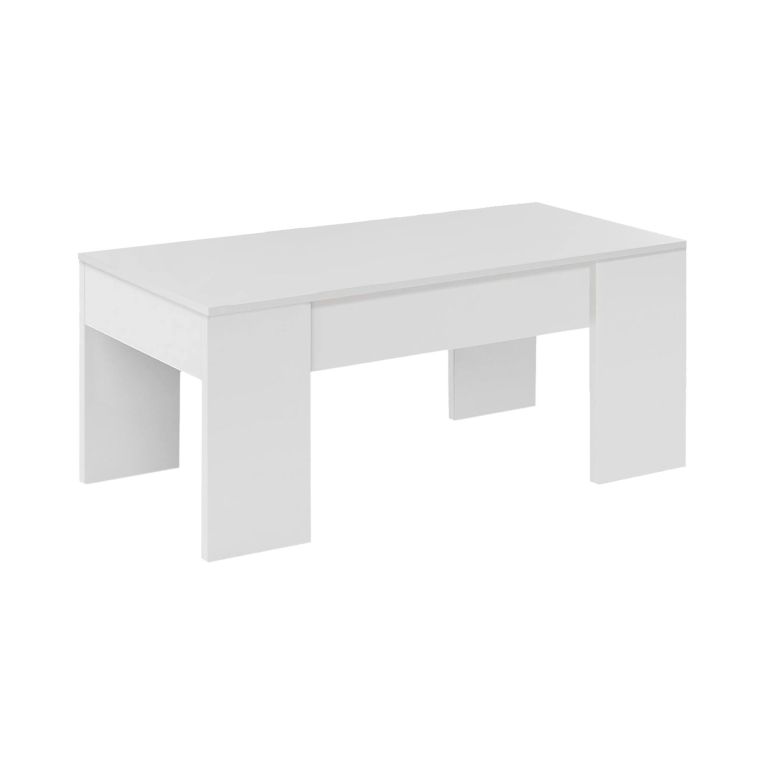 Tavolino da salotto Oceanside, Tavolino da caffè con piano elevabile, Tavolo basso da soggiorno, 100x50h45-56 cm, Bianco lucido