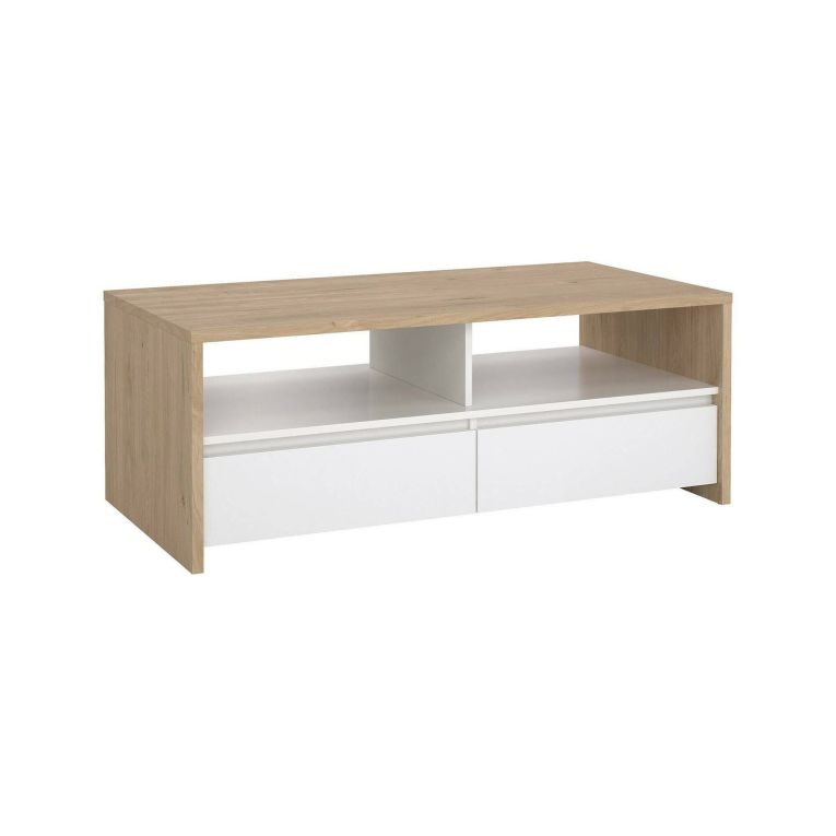 Tavolino da salotto Octavia, Tavolo basso da caffè, Portariviste per divano, Ripiano da soggiorno, 60x120 h46 cm, Rovere e Bianco