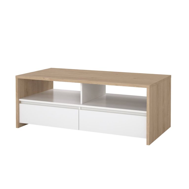 Tavolino da salotto Octavia, Tavolo basso da caffè, Portariviste per divano, Ripiano da soggiorno, 60x120 h46 cm, Rovere e Bianco