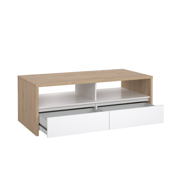 Tavolino da salotto Octavia, Tavolo basso da caffè, Portariviste per divano, Ripiano da soggiorno, 60x120 h46 cm, Rovere e Bianco
