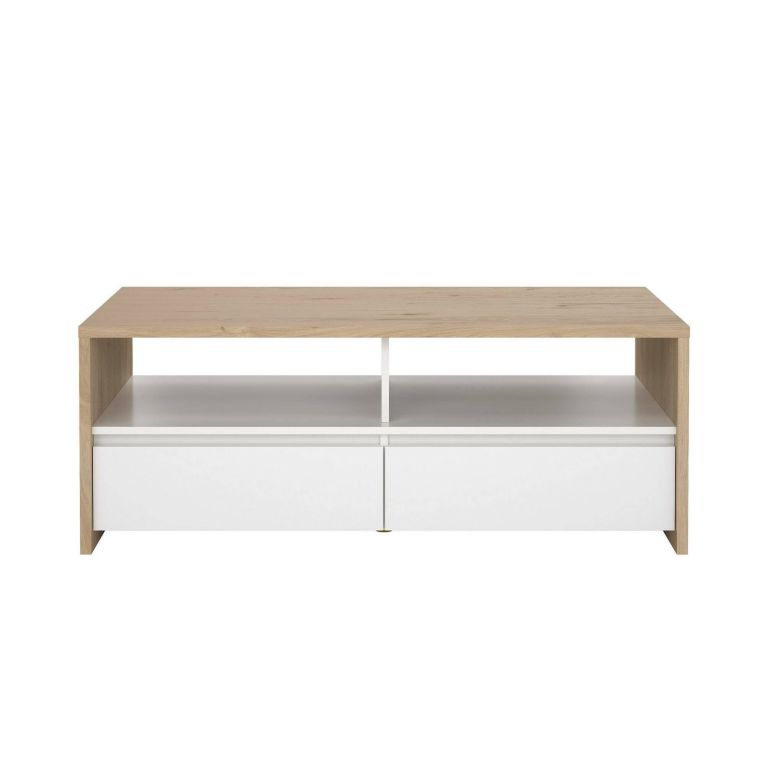 Tavolino da salotto Octavia, Tavolo basso da caffè, Portariviste per divano, Ripiano da soggiorno, 60x120 h46 cm, Rovere e Bianco