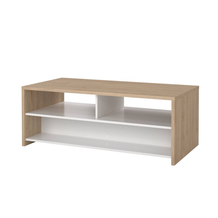Tavolino da salotto Octavia, Tavolo basso da caffè, Portariviste per divano, Ripiano da soggiorno, 60x120 h46 cm, Rovere e Bianco