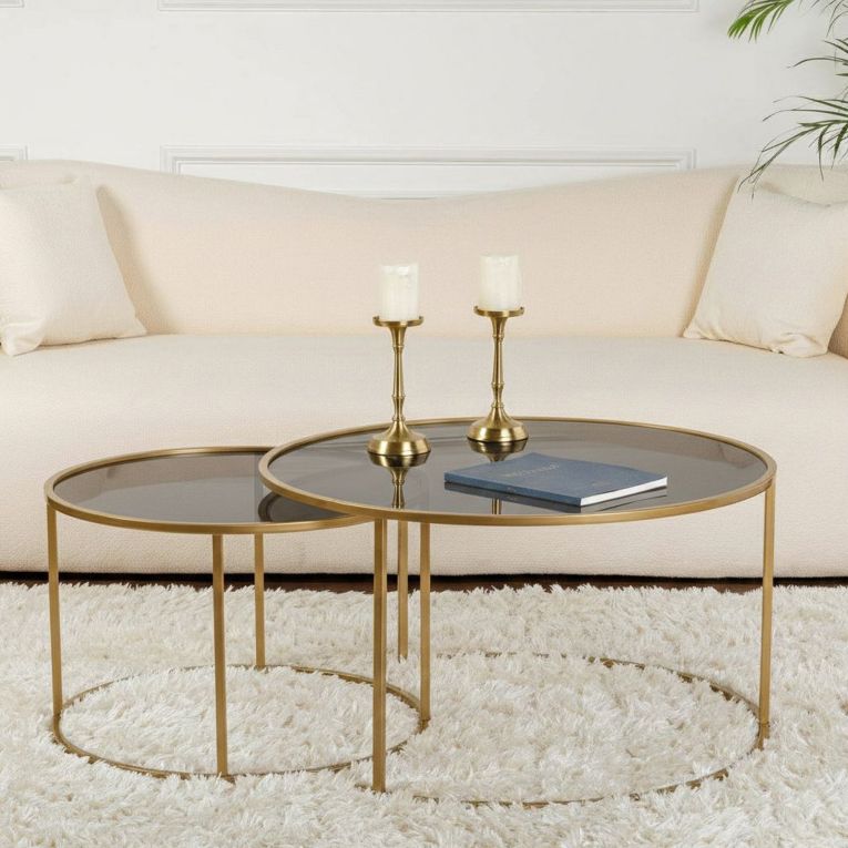 Tavolino da Salotto oro Bronzo set di 2 Tavolini Forma Circolare 80x80x43h cm, Materiale Struttura in Vetro - Aedion