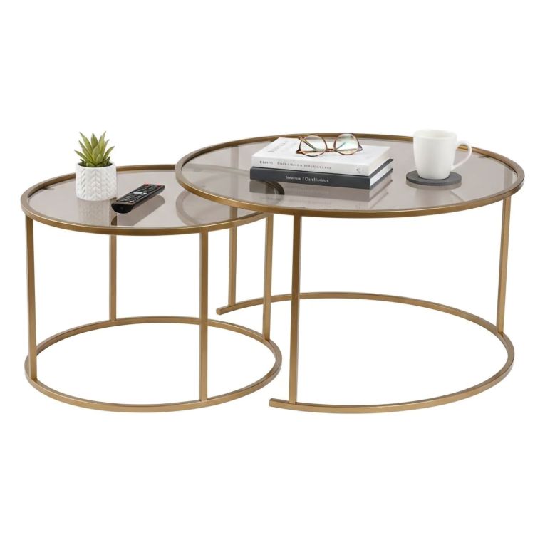 Tavolino da Salotto oro Bronzo set di 2 Tavolini Forma Circolare 80x80x43h cm, Materiale Struttura in Vetro - Aedion