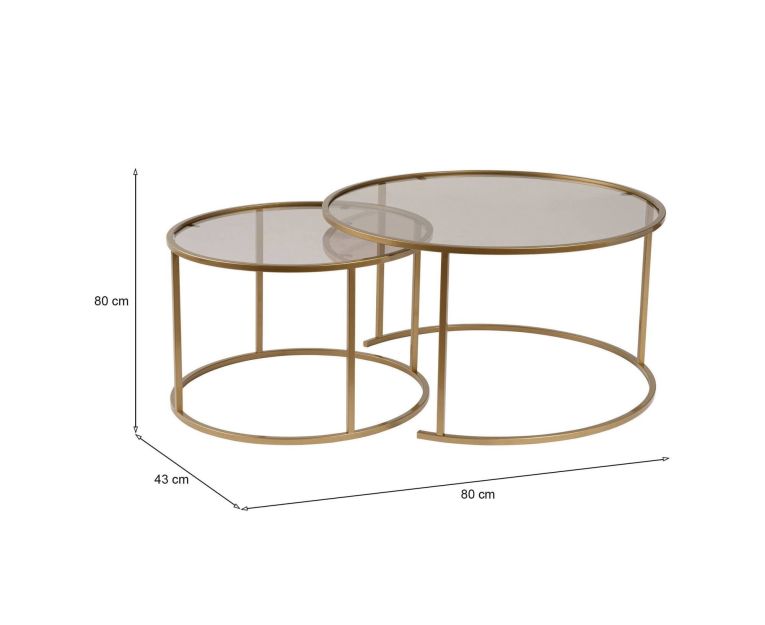 Tavolino da Salotto oro Bronzo set di 2 Tavolini Forma Circolare 80x80x43h cm, Materiale Struttura in Vetro - Aedion