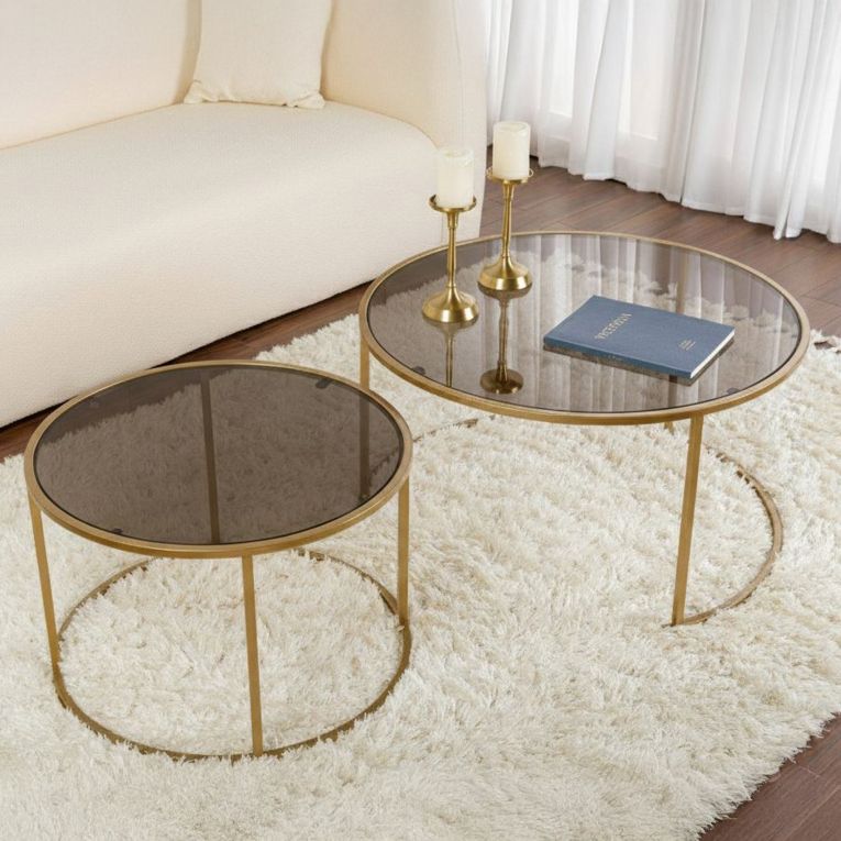 Tavolino da Salotto oro Bronzo set di 2 Tavolini Forma Circolare 80x80x43h cm, Materiale Struttura in Vetro - Aedion