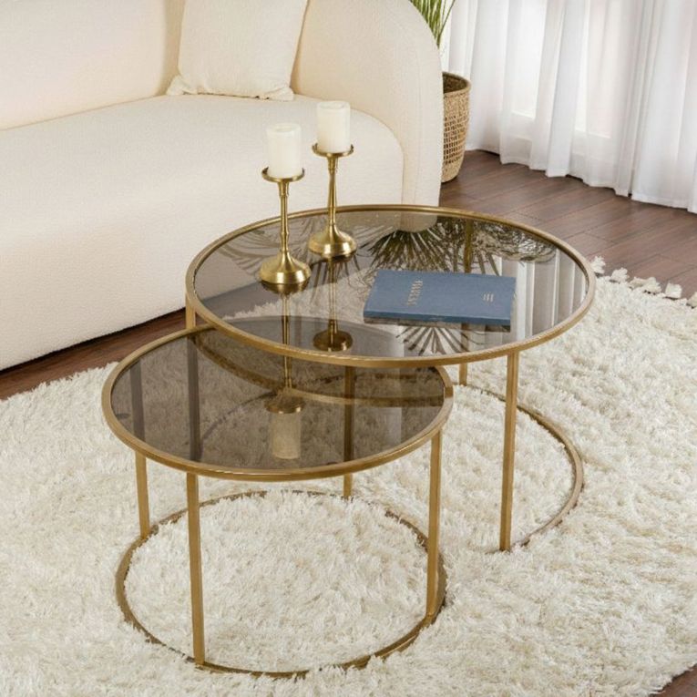 Tavolino da Salotto oro Bronzo set di 2 Tavolini Forma Circolare 80x80x43h cm, Materiale Struttura in Vetro - Aedion