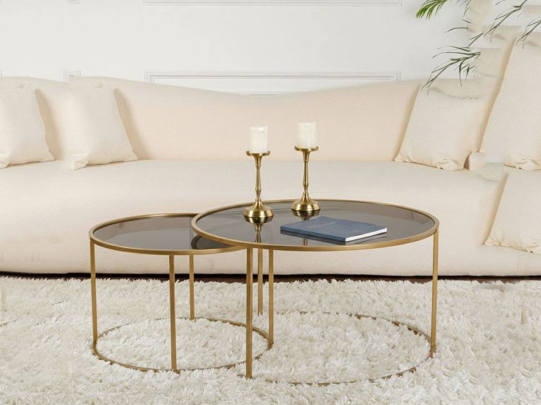 Tavolino da Salotto oro Bronzo set di 2 Tavolini Forma Circolare 80x80x43h cm, Materiale Struttura in Vetro - Aedion