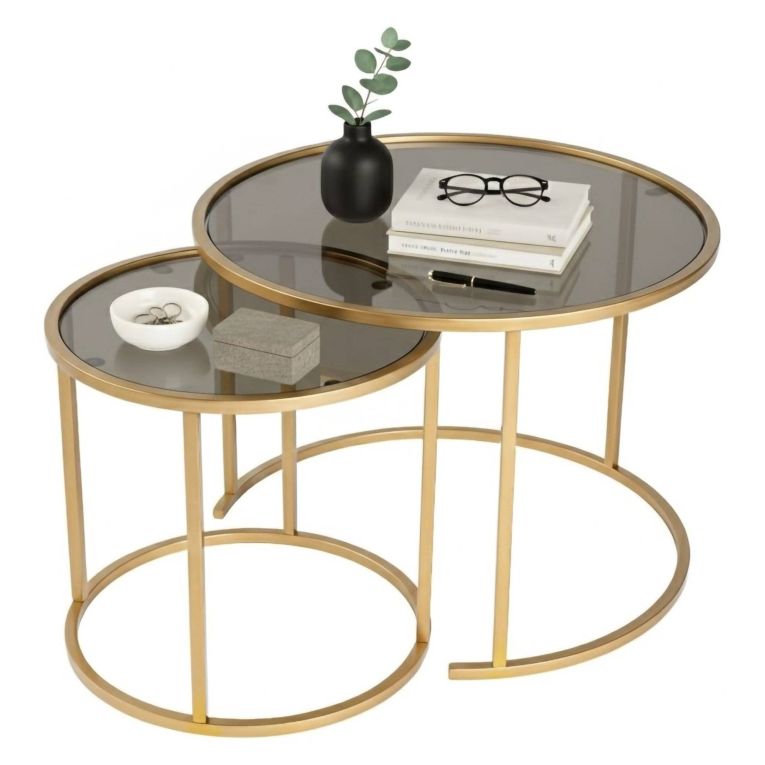 Tavolino da Salotto oro Bronzo set di 2 Tavolini Forma Rotondo 60x60x43h cm, Materiale Struttura in Vetro - Xaden