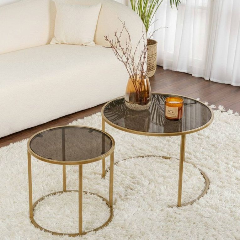 Tavolino da Salotto oro Bronzo set di 2 Tavolini Forma Rotondo 60x60x43h cm, Materiale Struttura in Vetro - Xaden